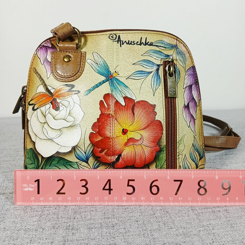 Anuschka Hand Painted Leather Floral Dragonfly Crossbody Bag Tan Small - Picture 9 of 15